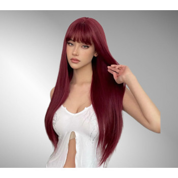 Peruca din par sintetic burgundy cu breton